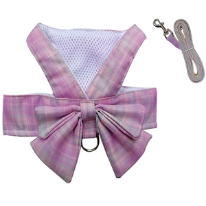 Pink plaid dog harness and leash set with breathable mesh and large bow detail