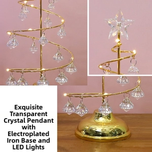 Detail view of crystal pendants and electroplated iron base on LED Christmas tree