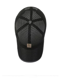 Top view of breathable black mesh baseball cap featuring a brown leather brand patch