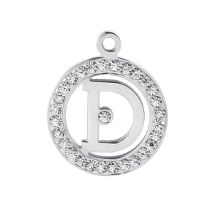 Polished stainless steel letter D pendant necklace with crystal encrusted circle frame