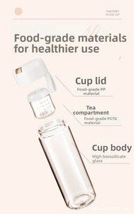 Exploded view of a glass tea infuser bottle with PP lid and PCTG strainer details