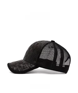 Detailed side view showing black straw woven texture and breathable mesh back of baseball cap