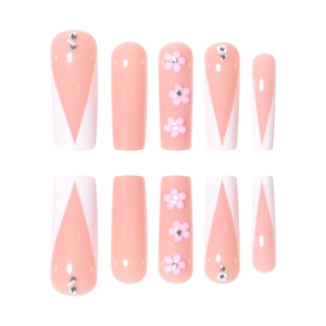 Long V-shaped French press-on nails with 3D pink flowers and sparkling rhinestones