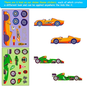 Detail of 6-pack DIY racing car stickers for kids showing mix and match parts and assembly