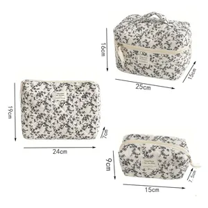 Detailed size specifications for large, medium and small quilted floral cosmetic bags
