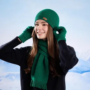 Women Winter Knitted Warm Beanie Hat Long Tassel Scarf And Touchscreen Gloves Acrylic Ribbed Outdoor Skiing