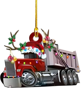 Christmas truck hanging ornament with reindeer antlers and festive lights on white background