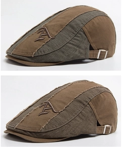 Detailed view of the ivy cap with vintage distressed seams and embroidered letter A