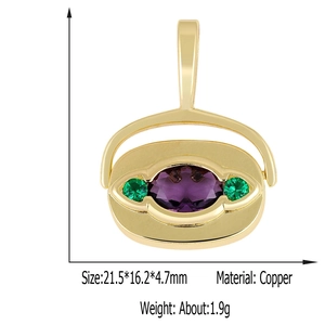Detail view of a copper floral pendant with purple and green stones and measurements