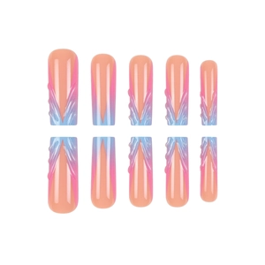 3D French gradient press-on nails with embossed V-shape textures and 10-piece coffin shape