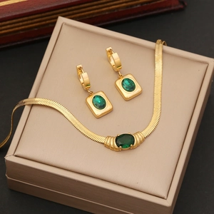 Stainless Steel Jewelry Women Gold Plated Flat Snake Chain With Oval Emerald Green Gemstone Necklace Bracelet Earrings