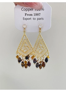 Detail of bohemian geometric hollow triangle earrings with tiger eye stone and copper beads