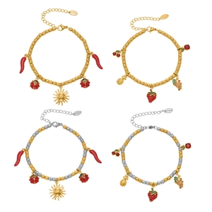18k gold plated stainless steel bead bracelets with enamel chili and sun charms