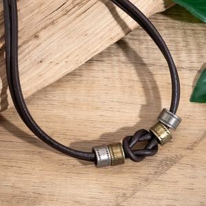 Minimalist leather knotted ring necklace with vintage metal beads for men