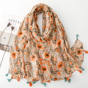 Women Scarf Shawl Polyester Voile Floral Print Tassel Fringe Lightweight Beach Sun Protection Bohemian Retro For Lady