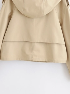 Detailed close-up showing the stitching and khaki twill fabric of the hooded jacket back