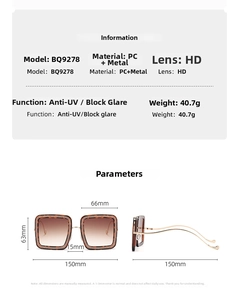 Detailed size chart and technical specifications for square oversized women's sunglasses