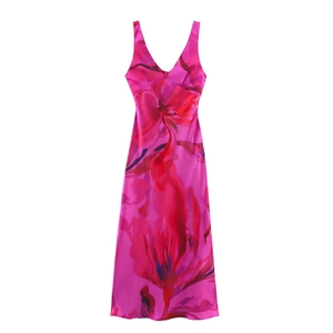 Women Sexy V Neck Satin Midi Dress Abstract Floral Print Sleeveless Cut Out Twist Front A-Line Party Vacation Dress