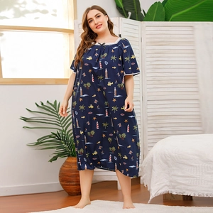 Plus size navy sleepwear dress with nautical print and delicate lace square neckline