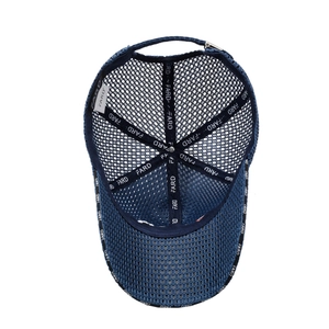Navy blue breathable mesh baseball cap with internal FARD reinforced webbing and metal buckle