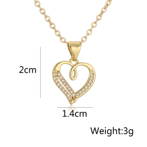Detailed view of 18K gold plated heart pendant with zircon inlay and size dimensions