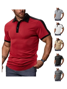 Men's polo shirt variety showing different color block designs and fabric texture