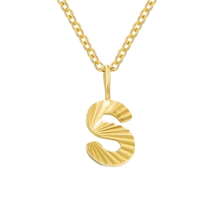 Polished golden stainless steel alphabet S pendant necklace with radial texture detail