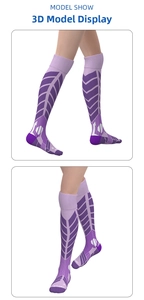 Close-up of purple professional ski socks with geometric patterns and size markings
