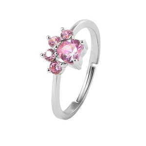Adjustable silver ring featuring a cute cat paw design with pink heart zircon stones