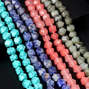 Natural stone necklace with faceted hexagonal beads in turquoise, blue, pink and grey colors