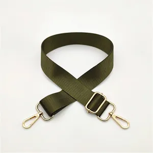 Detail of adjustable military green nylon strap with gold-tone lobster clasps