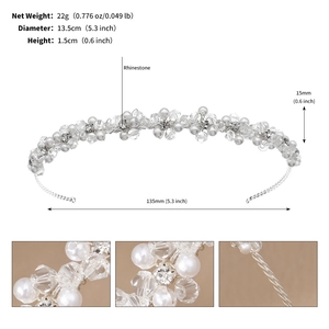 Detail view of pearl and rhinestone headband showing dimensions and hand-beaded textures