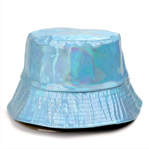 Close-up of holographic laser fabric on bucket hat with metallic iridescent texture