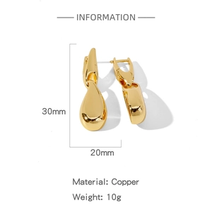 Detailed view of golden teardrop earrings showing 30mm height and 20mm width specs
