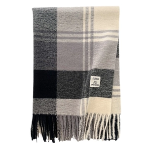 Maillard brown plaid scarf with tassels and fashion label for winter warmth