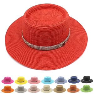 Women Boater Straw Hat Flat Top Wide Brim Sun Protection Breathable Beach Travel Summer Rhinestone Band Metal M Logo