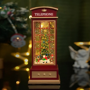 Red Christmas telephone booth music box with rotating snowman and LED light display