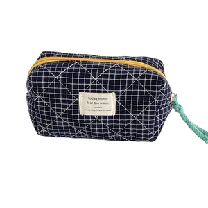 Classic blue plaid quilted pencil case and portable makeup bag with yellow zipper