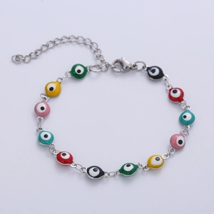 Colorful Evil Eye charm bracelet with silver chain and adjustable lobster clasp closure