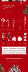 Size chart for PVC red and white candy Christmas ornaments ranging from 6cm to 20cm