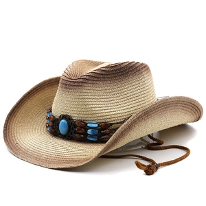 British style wide brim cowboy straw hat with turquoise beads and wind rope