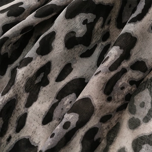 Close-up of leopard print fabric detail in black and gray tones with natural texture