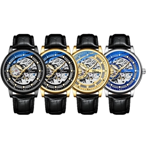 Men's automatic skeleton mechanical watches with black leather straps in four color variations
