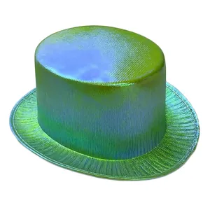 Green metallic top hat for magic shows and parties with shiny vertical texture
