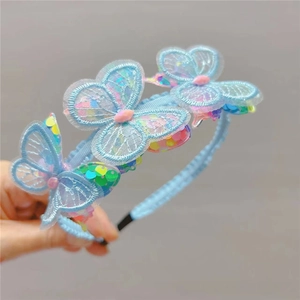 Light blue embroidered butterfly headband for girls with colorful sequins and lace design