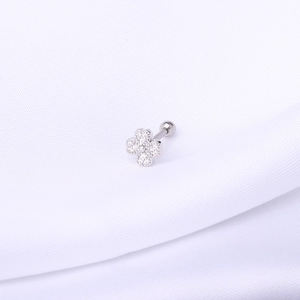 Silver 16G stainless steel four-leaf clover stud earring with clear crystals