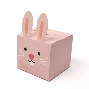 Pink cartoon rabbit shaped gift box with square paper structure and 3D ears