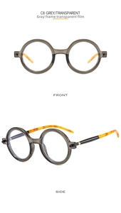 Detail view of round grey transparent frames with tortoise shell patterned temples