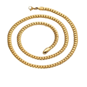 Men's stylish gold stainless steel flat cuban link chain necklace on white background