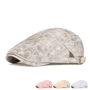 Vintage washed flat cap for men and women with adjustable metal buckle in light grey